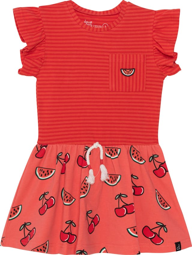 Product image for Organic Cotton Stripe and Coral Cherry Print Short Sleeve Dress - Little Girls