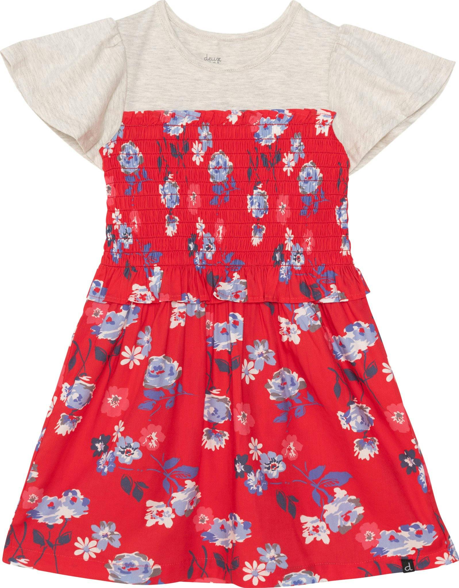 Image de produit pour Robe smockée à manches courtes bimatière avec imprimé de fleurs - Petite Fille